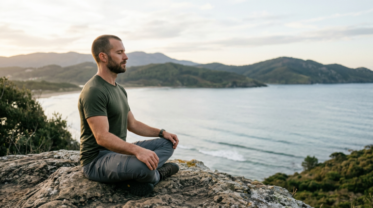 Hombre respirando con calma en entorno natural, imagen de cabecera para artículo sobre principios del breathwork y regulación del sistema nervioso.